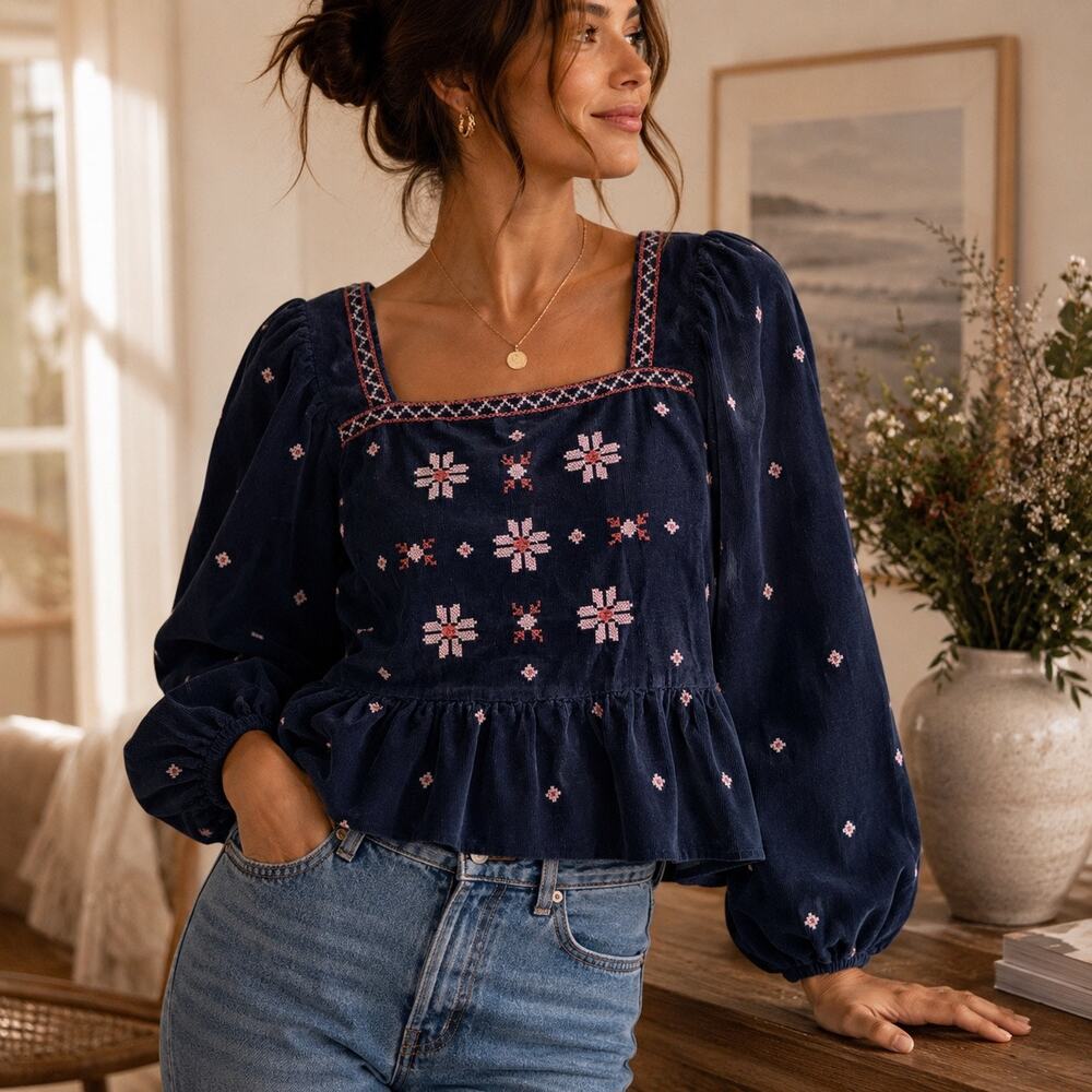 Madewell Embroidered Corduroy Button Back Peplum Top Navy Size L